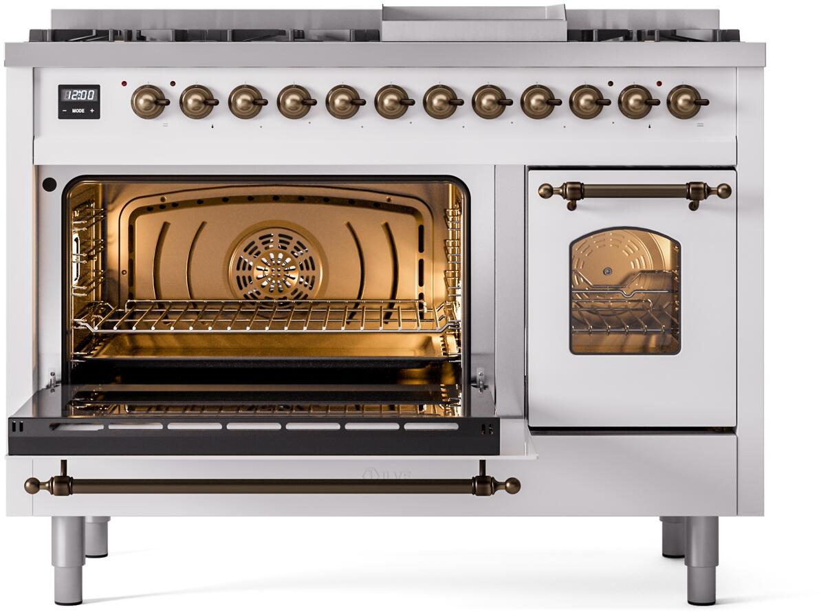 Nostalgie II 48 Inch Dual Fuel Liquid Propane Freestanding Range in White with Bronze Trim