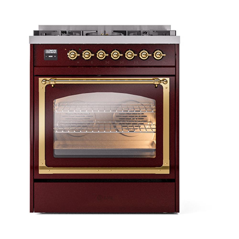 ILVE UN30NMPBUGLP Nostalgie II Noblesse 30 inch Dual Fuel Range (Liquid Propane, Triple Glass Door, Burgundy, Brass)