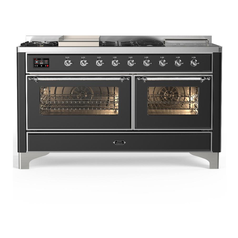 ILVE UM60FSNR3MGCLP Majestic III 60 inch Dual Fuel Range with 7 Burners, Griddle and French Top, Dual Function Burner with up to 25,000 BTU (Liquid Propane, Triple Glass Door, Graphite Matte, Chrome)