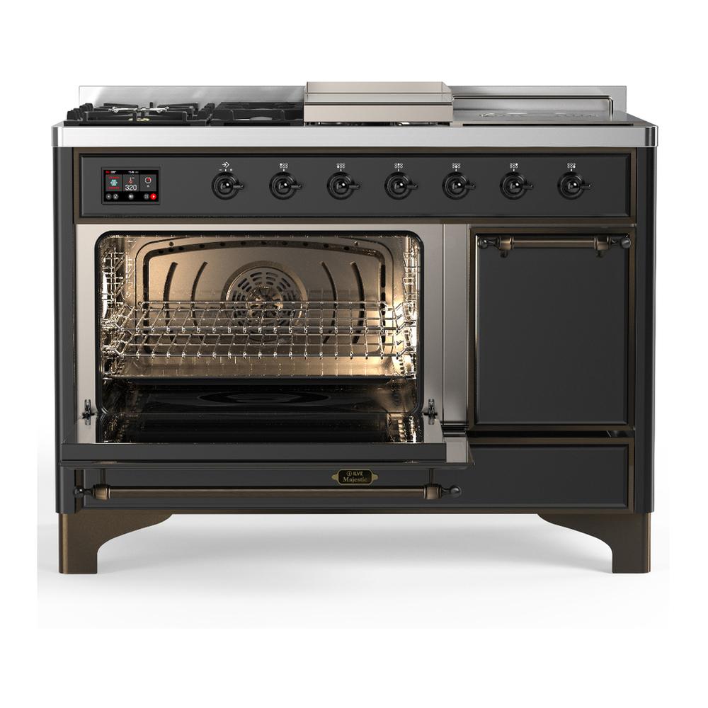 ILVE UM48FSQNR3MGBLP Majestic III 48 inch Dual Fuel Range with 5 Black Brass Burners, Griddle and French Top, Dual Function Burner up to 25,000 BTU (Liquid Propane, Solid Door, Graphite Matte, Burnished)