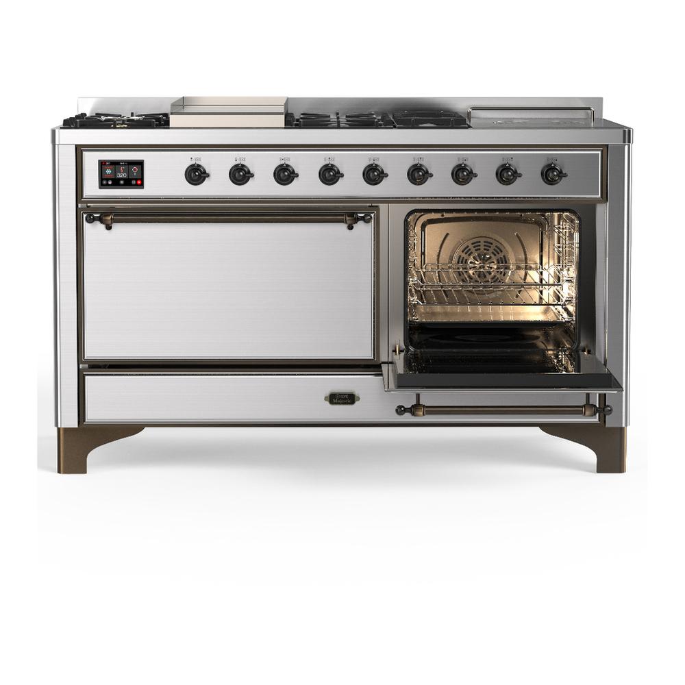 ILVE UM60FSQNR3SSBLP Majestic III 60 inch Dual Fuel Range with 7 Burners, Griddle and French Top, Dual Function Burner with up to 25,000 BTU (Liquid Propane, Solid Door, Stainless Steel, Burnished)
