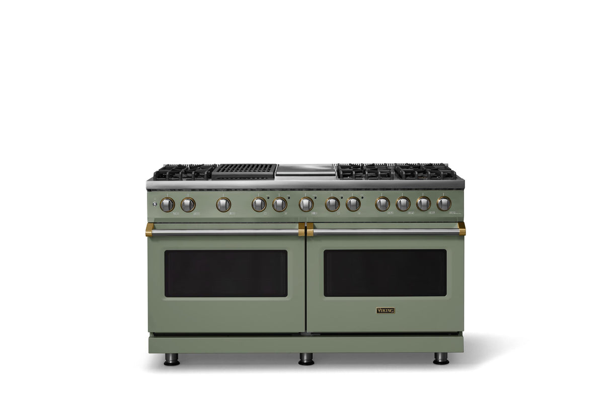 60"W.Dual Fuel Range (Finish: Eucalyptus, Trim: Brushed Brass, Fuel: Propane)