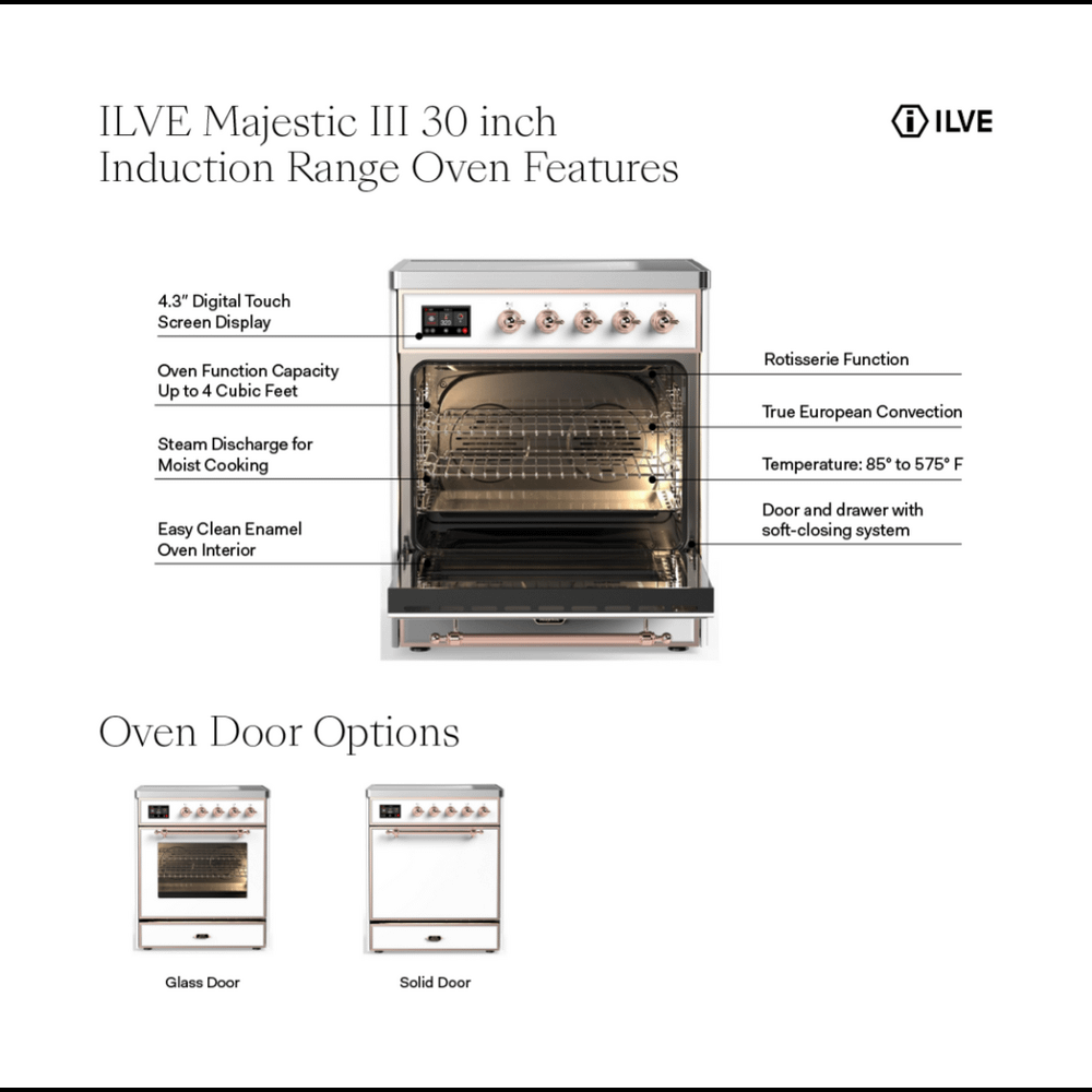ILVE UMIB30NR3EGG Majestic III 30 inch Induction Range with 4 Elements, 4 cu. ft. Oven Capacity (Triple Glass Door, Emerald Green, Brass)