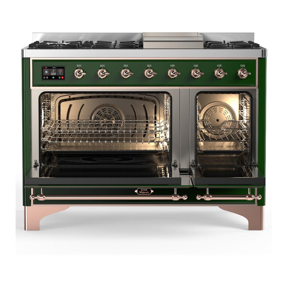 ILVE UM48FNR3EGPLP Majestic III 48 inch Dual Fuel Range with 8 Burners and Griddle, Dual Function Burner up to 25,000 BTU (Liquid Propane, Triple Glass Door, Emerald Green, Copper)