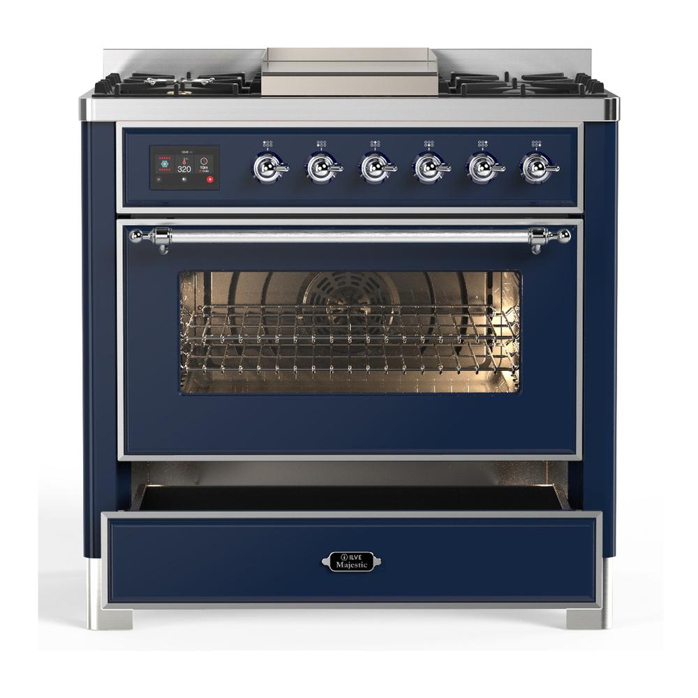 ILVE UM36FNR3MBC Majestic III 36 inch Dual Fuel Range with 6 Black Brass Burners and Griddle, Dual Function Burner up to 25,000 BTU (Triple Glass Door, Midnight Blue, Chrome, Natural Gas)