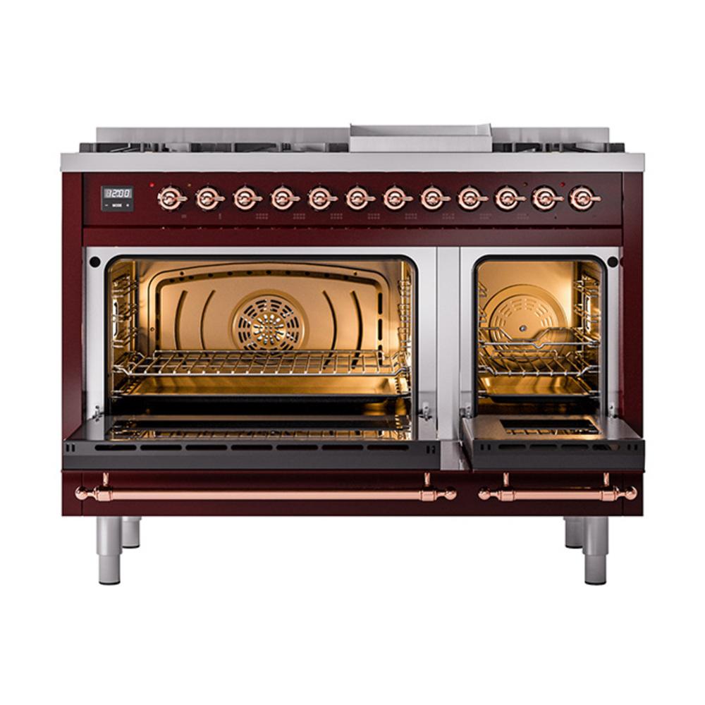 ILVE UN48FQNMPBUPLP Nostalgie II Noblesse 48 inch Dual Fuel Range (8 Sealed Burners + Griddle, Liquid Propane, Solid Door, Burgundy, Copper)