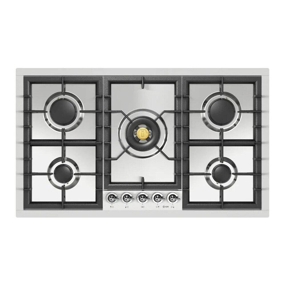 ILVE UHCPT95NSSCLP Nostalgie II 36 inch Built-In Gas Cooktop with Total Black Brass Burners, in Stainless Steel (5 Sealed Burners, Liquid Propane, Chrome)
