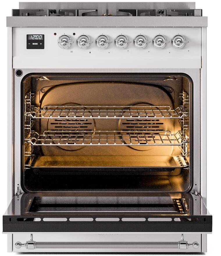 Nostalgie II 30 Inch Dual Fuel Liquid Propane Freestanding Range in White with Chrome Trim
