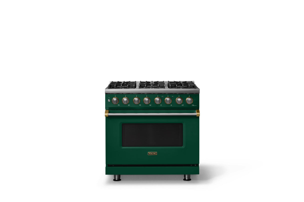 36"W. Dual Fuel Range (Burner: 6b, Finish: Ivy, Trim: Brushed Brass, Fuel: Propane)