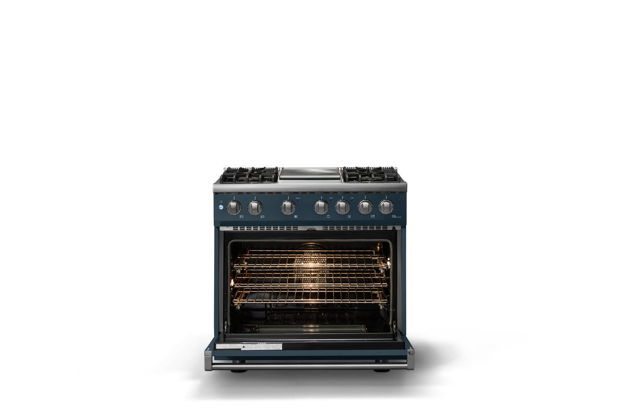 36"W. Dual Fuel Range (Burner: 4g, Finish: Squall, Trim: Polished Chrome, Fuel: Natural Gas)