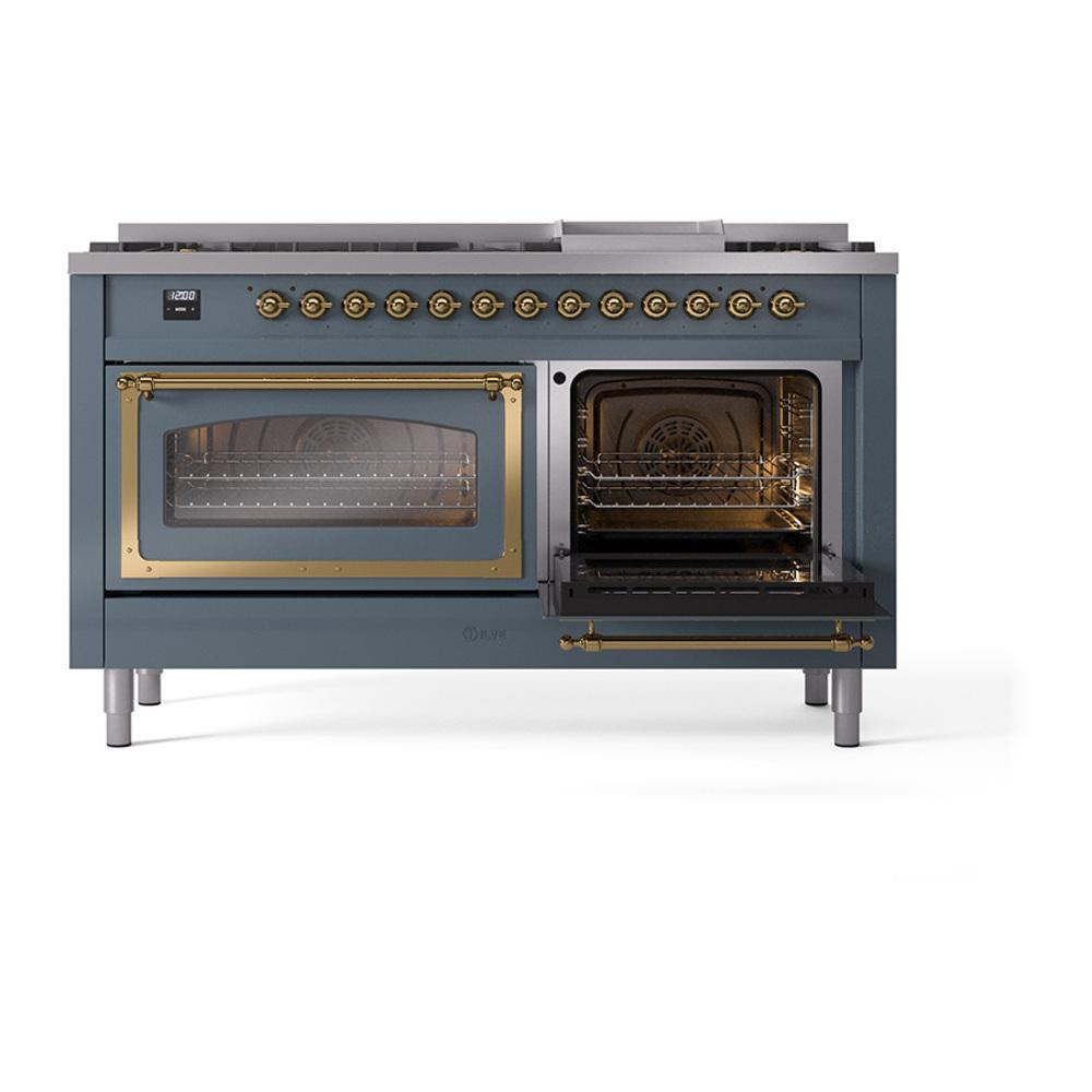 ILVE UN60FNMPBGGLP Nostalgie II Noblesse 60 inch Dual Fuel Range (9 Sealed Burners + Griddle, Liquid Propane, Triple Glass Door, Blue Grey, Brass)