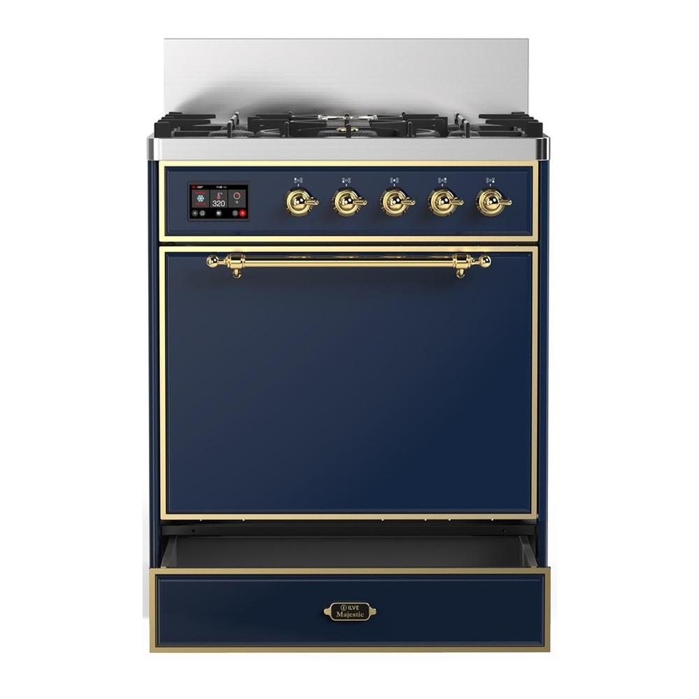 ILVE UM30QNR3MBGLP Majestic III 30 inch Dual Fuel Range with 5 Black Brass Burners, Dual Function Burner up to 25,000 BTU (Liquid Propane, Solid Door, Midnight Blue, Brass)