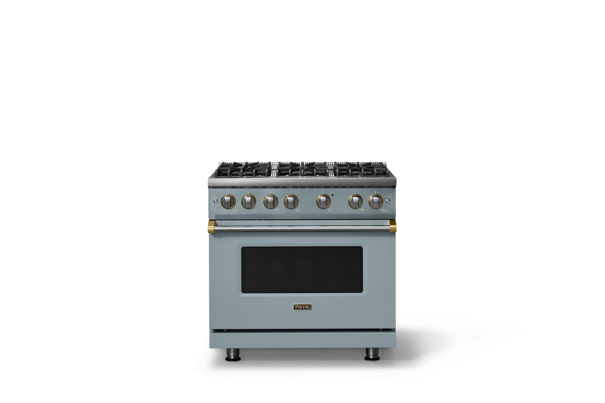 36"W. Sealed Burner Gas Range (Burner: 6b, Finish: November Sky, Trim: Brushed Brass, Fuel: Propane)
