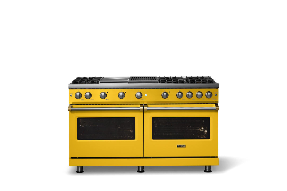 60"W. Sealed Burner Gas Range (Finish: Daffodil, Trim: Brushed Brass, Fuel: Propane)