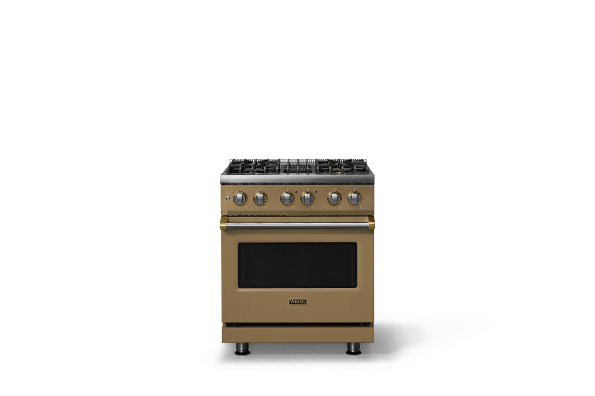 30"W. Dual Fuel Range (Finish: Golden Hour, Trim: Brushed Brass, Fuel: Natural Gas)