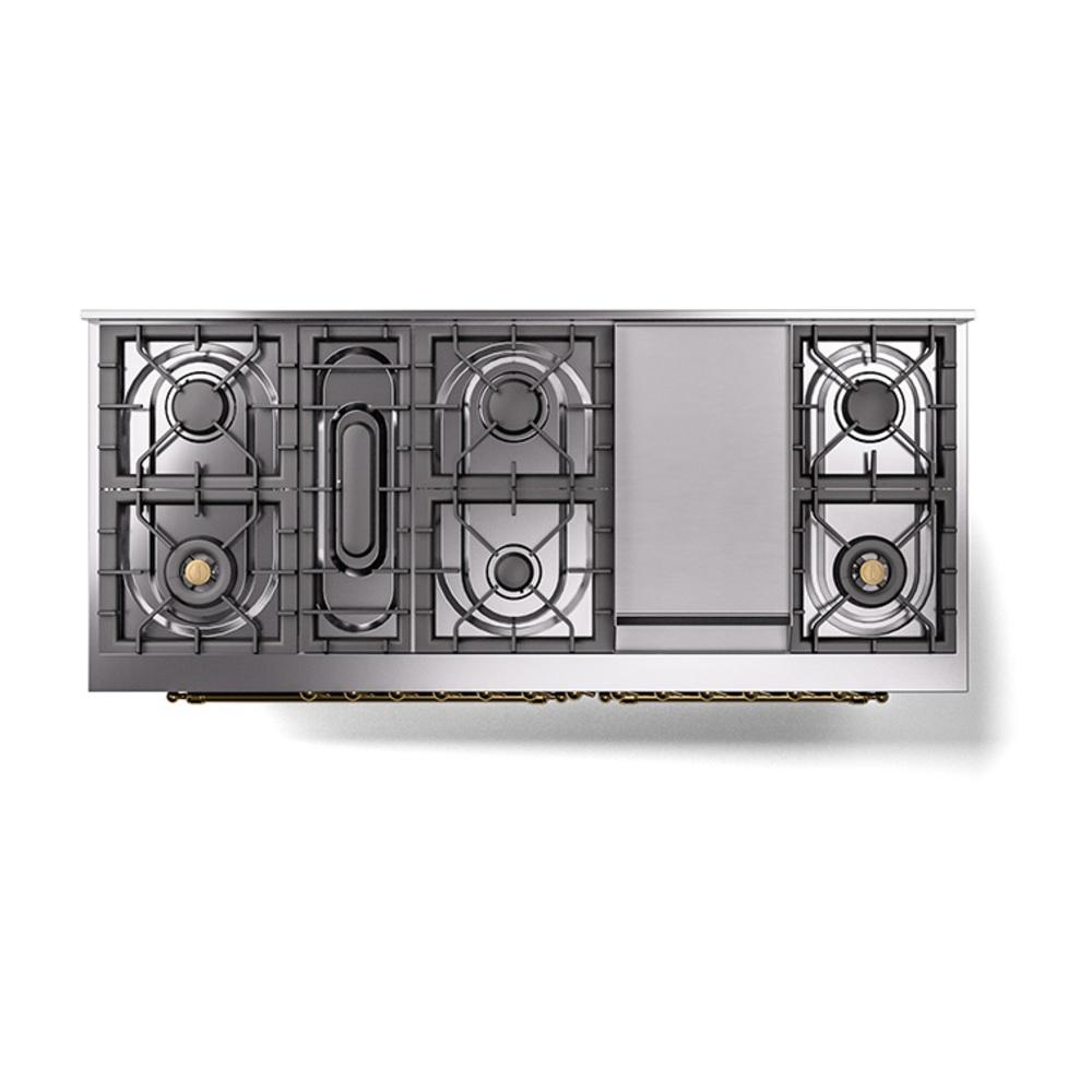 ILVE UN60FQNMPEGG Nostalgie II Noblesse 60 inch Dual Fuel Range (9 Sealed Burners + Griddle, Natural Gas, Solid Door, Emerald Green, Brass)