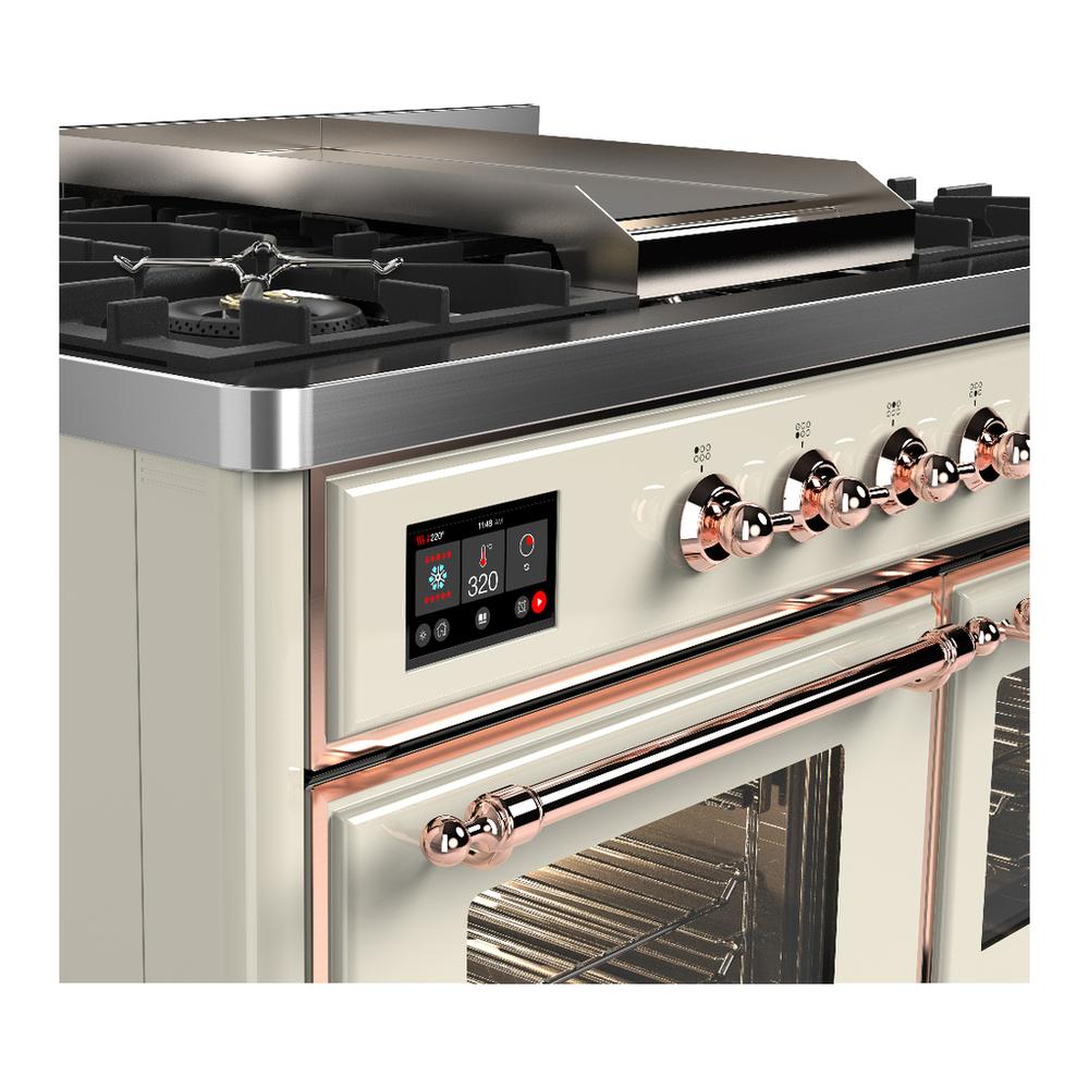 ILVE UMD40FNR3AWP Majestic III 40 inch Dual Fuel Range with 6 Burners and Griddle, Dual Function Burner up to 25,000 BTU (Natural Gas, Triple Glass Door, Antique White, Copper)