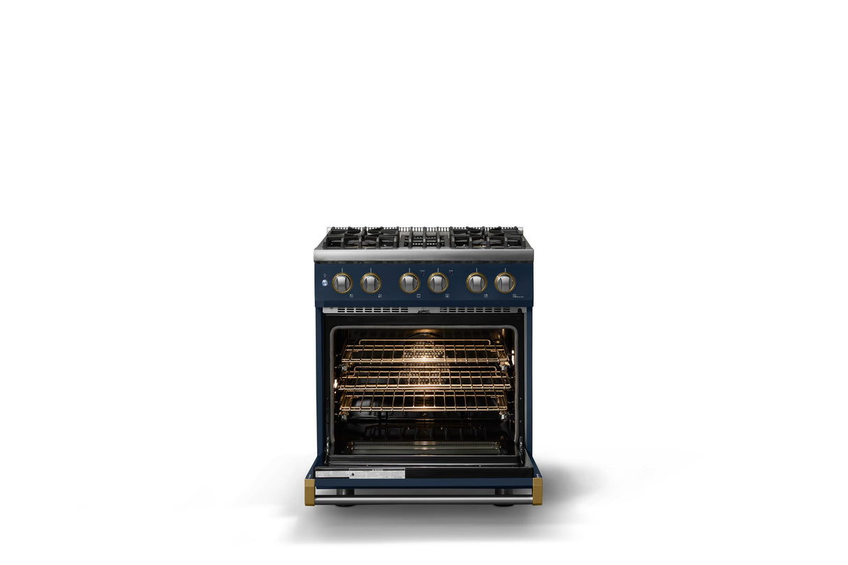 30"W. Dual Fuel Range (Finish: Slate Blue, Trim: Brushed Brass, Fuel: Natural Gas)