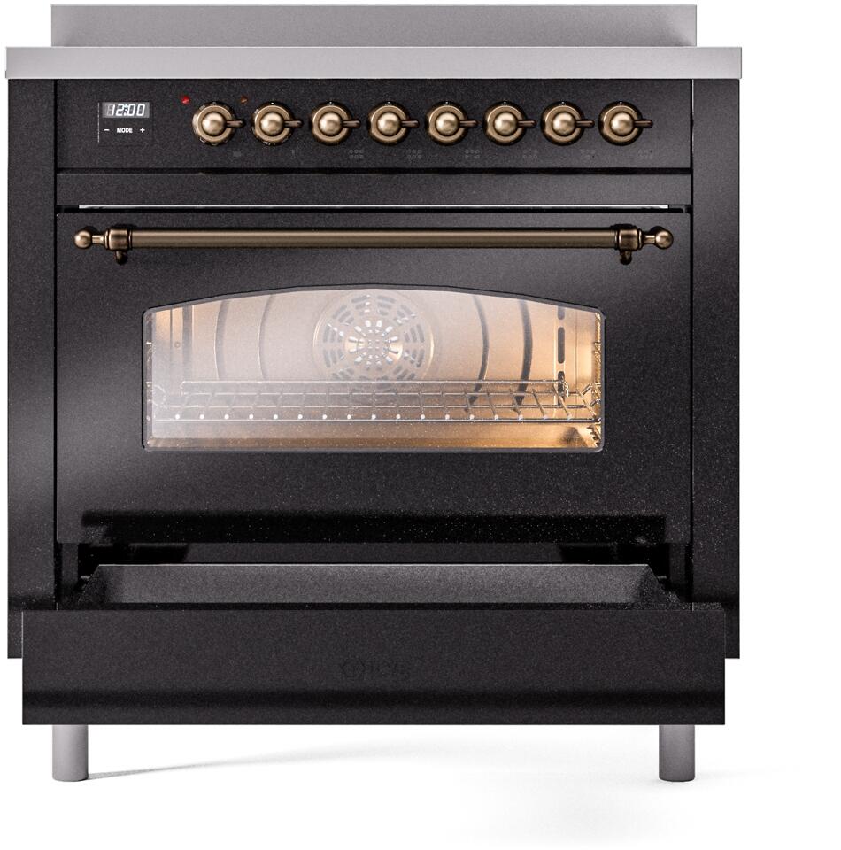 Nostalgie II 36 Inch Electric Freestanding Range in Glossy Black with Bronze Trim