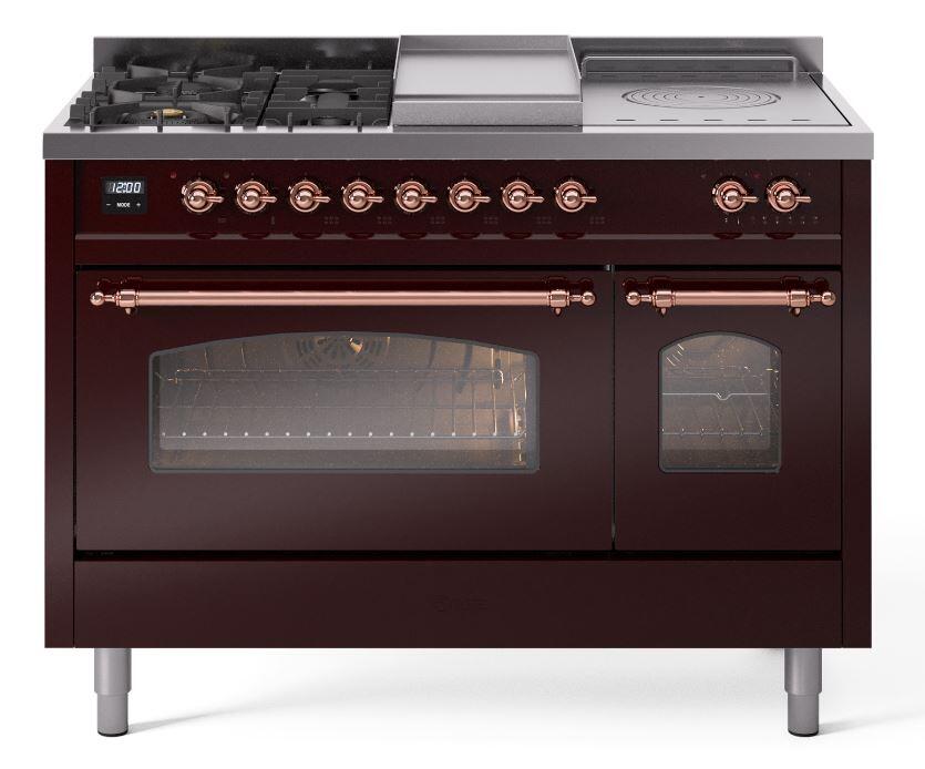 Nostalgie II 48 Inch Dual Fuel Natural Gas Freestanding Range in Burgundy with Copper Trim