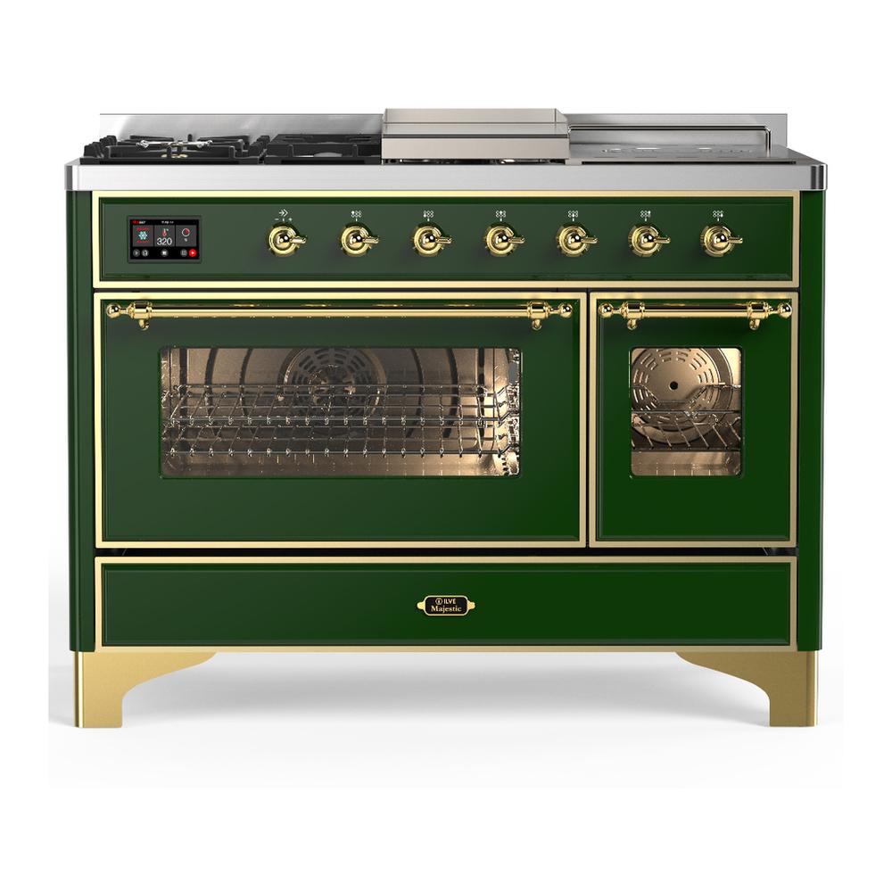 ILVE UM48FSNR3EGG Majestic III 48 inch Dual Fuel Range with 5 Black Brass Burners, Griddle and French Top, Dual Function Burner up to 25,000 BTU (Natural Gas, Triple Glass Door, Emerald Green, Brass)
