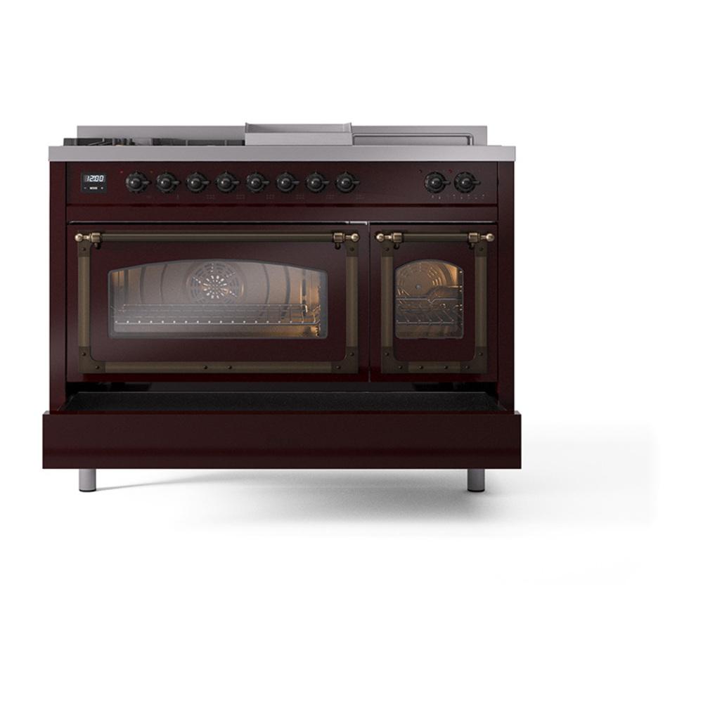 ILVE UN48FSNMPBUB Nostalgie II Noblesse 48 inch Dual Fuel Range (5 Sealed Burners + Griddle + French Top, Natural Gas, Triple Glass Door, Burgundy, Burnished)