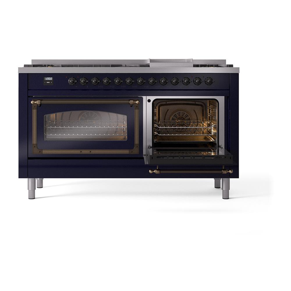 ILVE UN60FNMPMBBLP Nostalgie II Noblesse 60 inch Dual Fuel Range (9 Sealed Burners + Griddle, Liquid Propane, Triple Glass Door, Midnight Blue, Burnished)