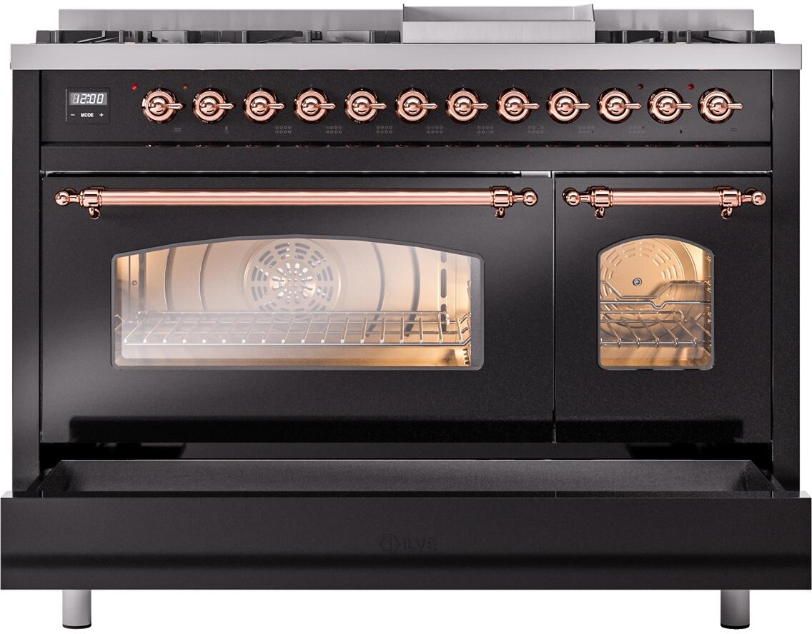 Nostalgie II 48 Inch Dual Fuel Liquid Propane Freestanding Range in Glossy Black with Copper Trim