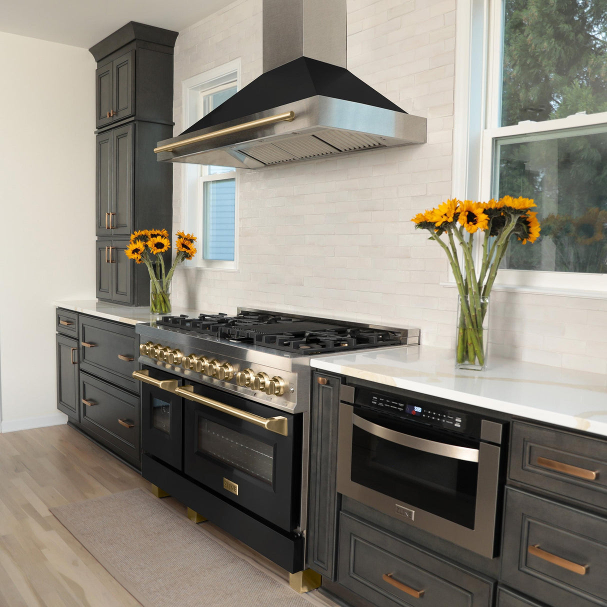 ZLINE 48 in. Autograph Edition Convertible Fingerprint Resistant DuraSnow' Stainless Steel Range Hood with Black Matte Shell and Champagne Bronze Handle (KB4SNZ-BLM48-CB)