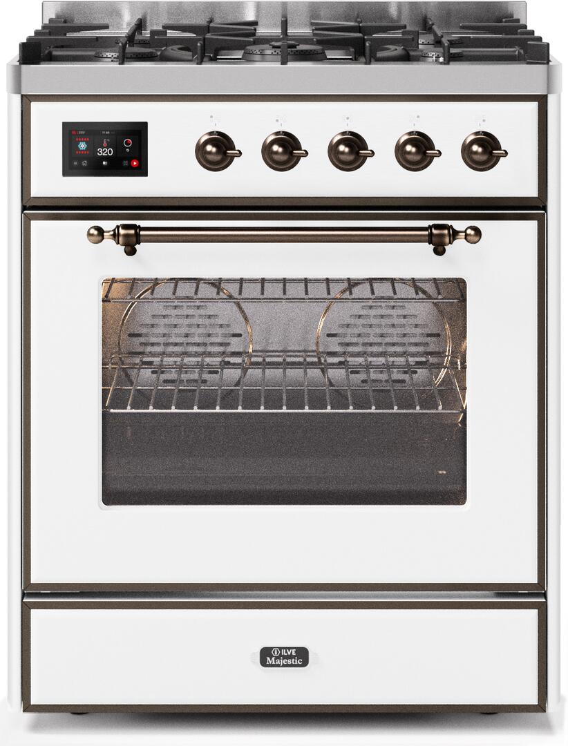 Majestic II 30 Inch Dual Fuel Liquid Propane Freestanding Range in White with Bronze Trim