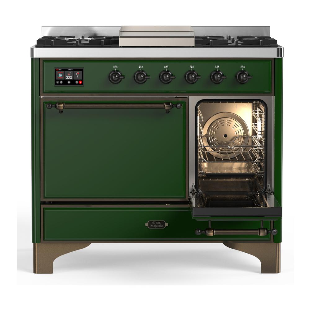 ILVE UMD40FQNR3EGBLP Majestic III 40 inch Dual Fuel Range with 6 Burners and Griddle, Dual Function Burner up to 25,000 BTU (Liquid Propane, Solid Door, Emerald Green, Burnished)