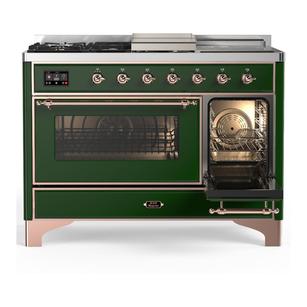 ILVE UM48FSNR3EGP Majestic III 48 inch Dual Fuel Range with 5 Black Brass Burners, Griddle and French Top, Dual Function Burner up to 25,000 BTU (Natural Gas, Triple Glass Door, Emerald Green, Copper)
