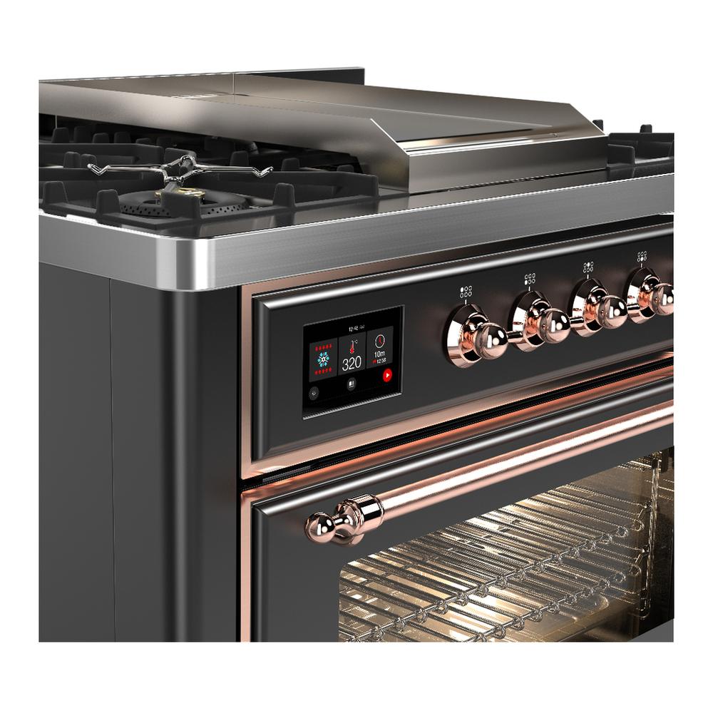 ILVE UM36FNR3MGP Majestic III 36 inch Dual Fuel Range with 6 Black Brass Burners and Griddle, Dual Function Burner up to 25,000 BTU (Triple Glass Door, Graphite Matte, Copper, Natural Gas)