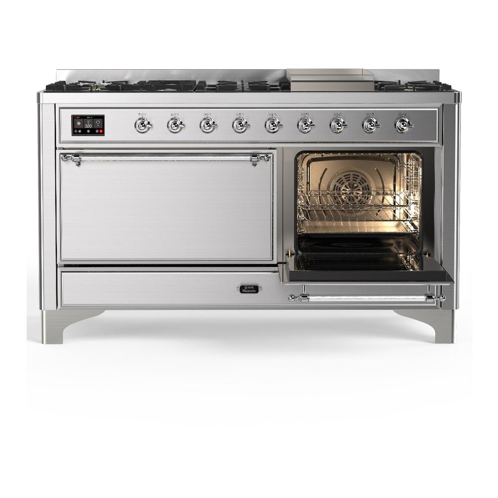 ILVE UM60FQNR3SSC Majestic III 60 inch Dual Fuel Range with 9 Burners and Griddle, Dual Function Burner up to 25,000 BTU (Natural Gas, Solid Door, Stainless Steel, Chrome)