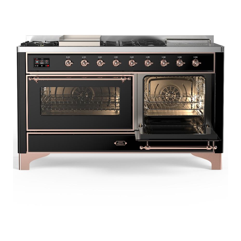 ILVE UM60FSNR3BKPLP Majestic III 60 inch Dual Fuel Range with 7 Burners, Griddle and French Top, Dual Function Burner with up to 25,000 BTU (Liquid Propane, Triple Glass Door, Glossy Black, Copper)