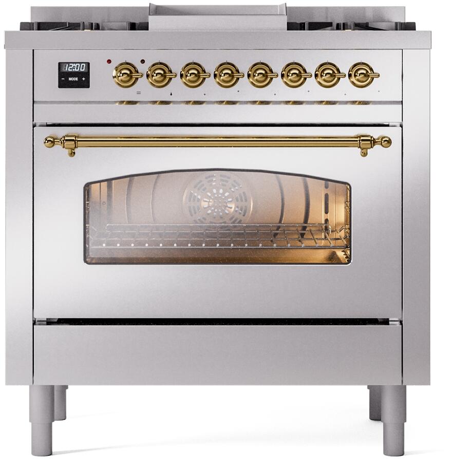 Nostalgie II 36 Inch Dual Fuel Natural Gas Freestanding Range in Stainless Steel with Brass Trim