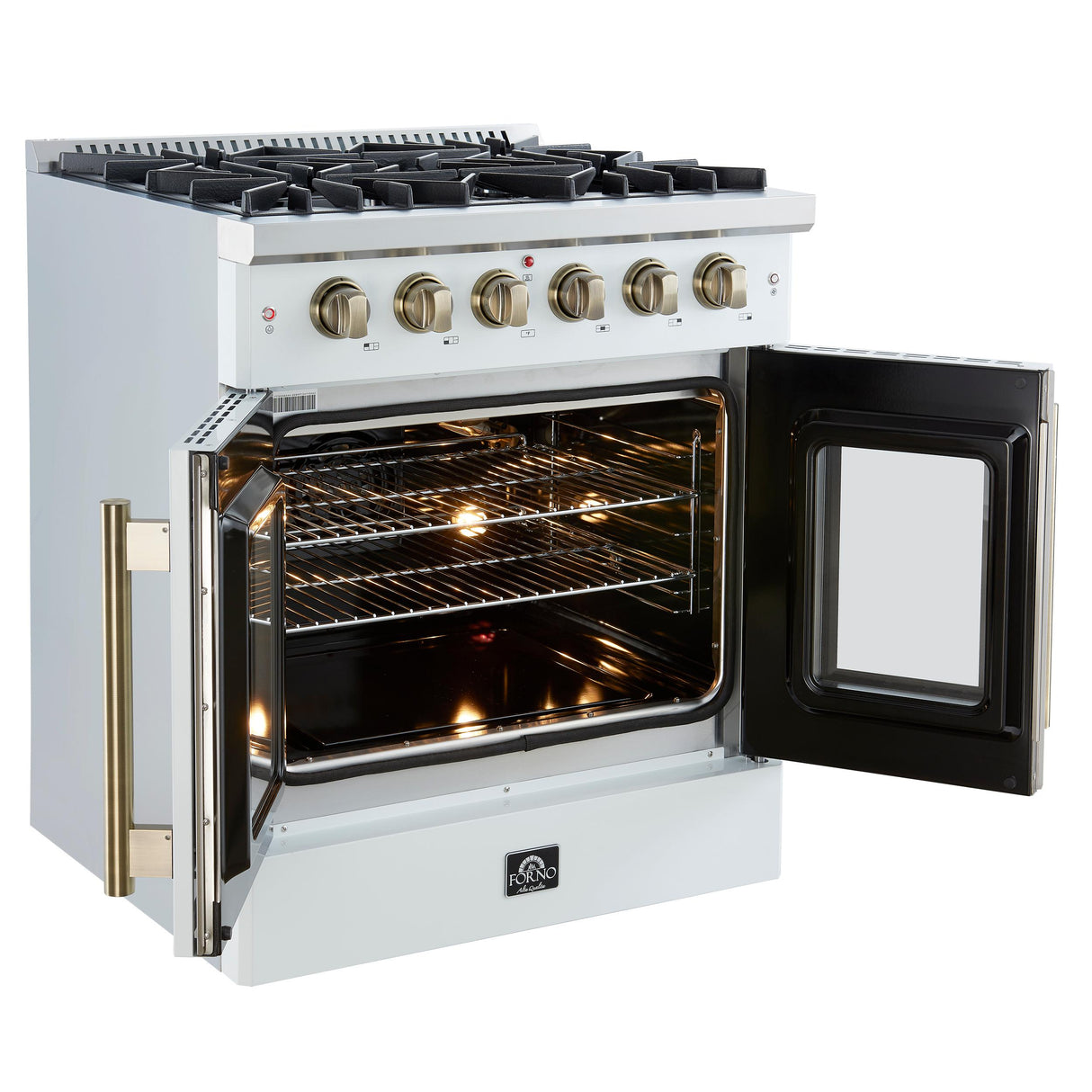 Forno Galiano 30-inch French Door Gas RangenWhite with Antique Brass Design, 5 Burners,n68,000 BTU, 4.32 cu.ft. Convection Oven