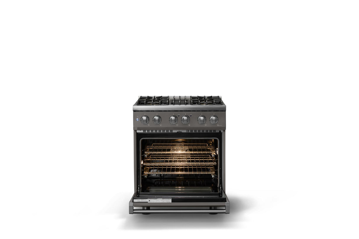 30"W. Dual Fuel Range (Finish: Damascus Gray, Trim: Polished Chrome, Fuel: Natural Gas)