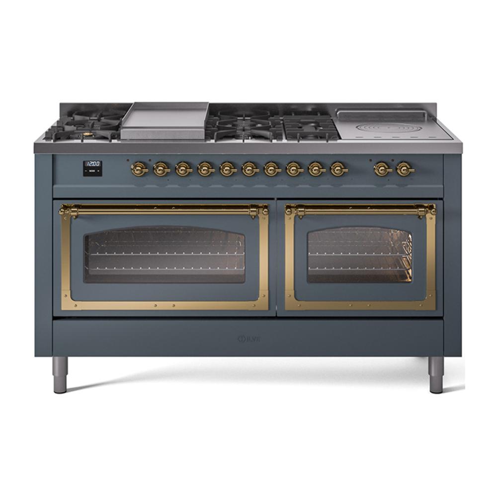 ILVE UN60FSNMPBGGLP Nostalgie II Noblesse 60 inch Dual Fuel Range (7 Sealed Burners + Griddle + French Top, Liquid Propane, Triple Glass Door, Blue Grey, Brass)