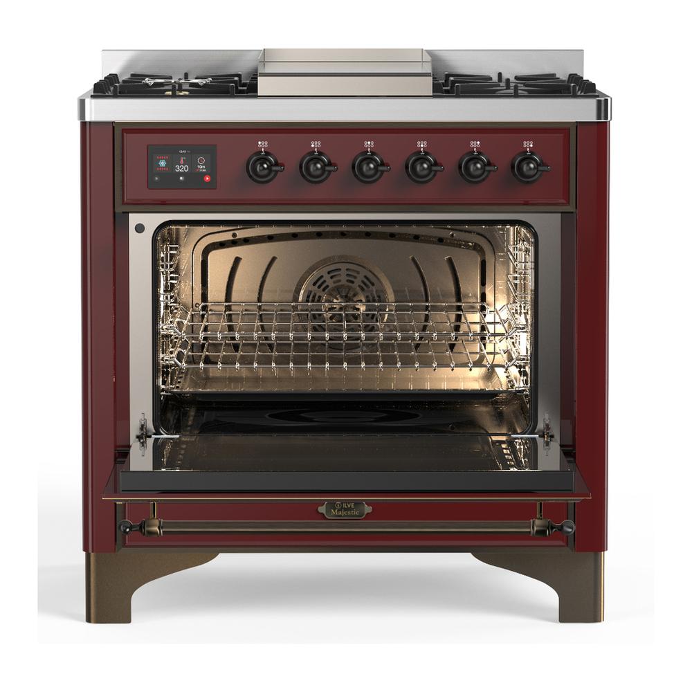ILVE UM36FNR3BUBLP Majestic III 36 inch Dual Fuel Range with 6 Black Brass Burners and Griddle, Dual Function Burner up to 25,000 BTU (Triple Glass Door, Burgundy, Burnished, Liquid Propane)