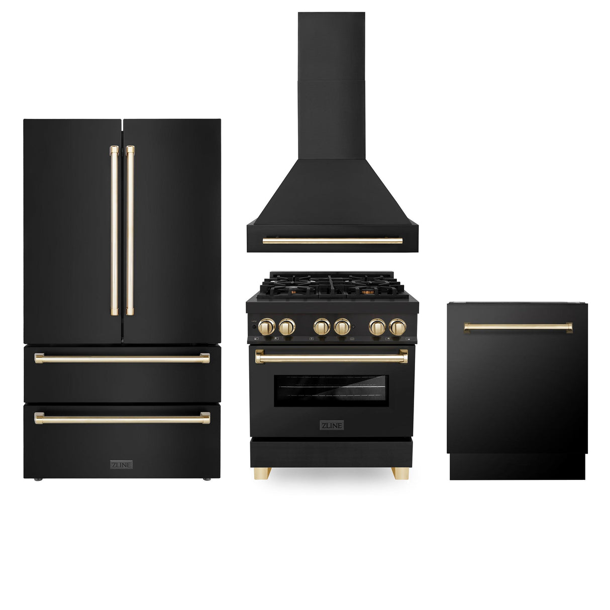 ZLINE 30" Autograph Edition Kitchen Package with Black Stainless Steel Dual Fuel Range, Range Hood, Dishwasher and Refrigeration with Polished Gold Accents (4AKPR-RABRHDWV30-G)
