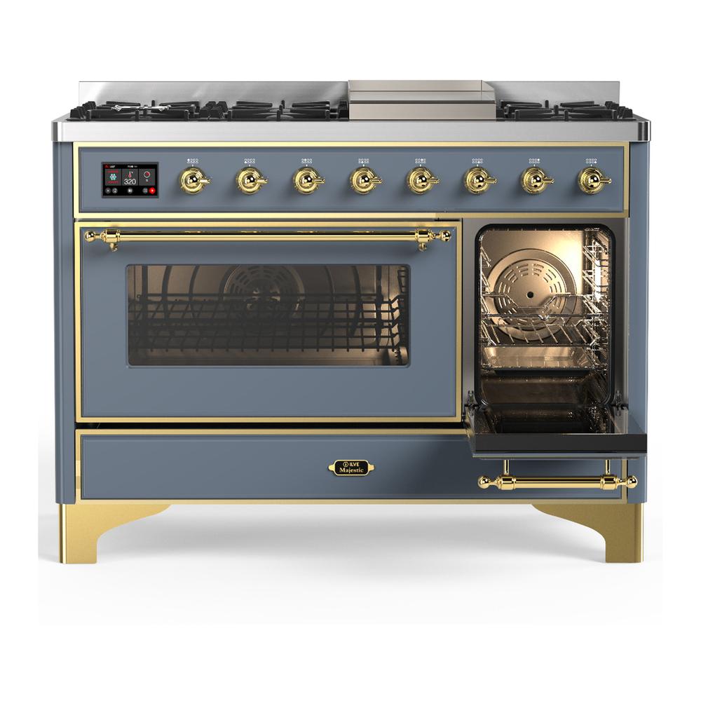 ILVE UM48FNR3BGGLP Majestic III 48 inch Dual Fuel Range with 8 Burners and Griddle, Dual Function Burner up to 25,000 BTU (Liquid Propane, Triple Glass Door, Blue Grey, Brass)