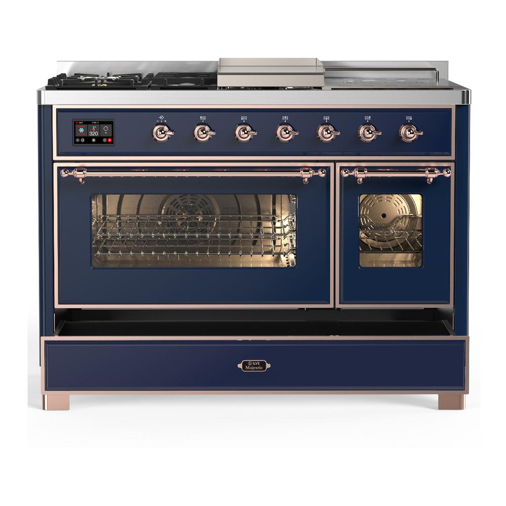 ILVE UM48FSNR3MBP Majestic III 48 inch Dual Fuel Range with 5 Black Brass Burners, Griddle and French Top, Dual Function Burner up to 25,000 BTU (Natural Gas, Triple Glass Door, Midnight Blue, Copper)