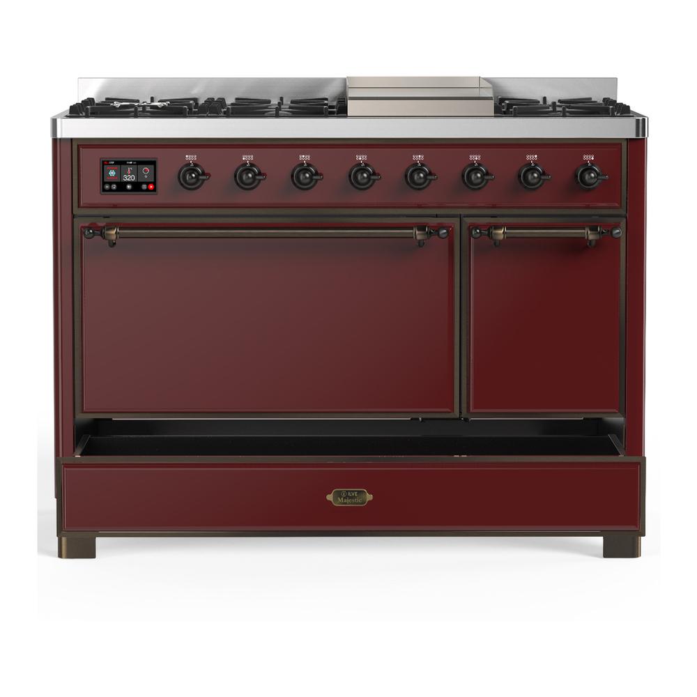 ILVE UM48FQNR3BUBLP Majestic III 48 inch Dual Fuel Range with 8 Burners and Griddle, Dual Function Burner up to 25,000 BTU (Liquid Propane, Solid Door, Burgundy, Burnished)
