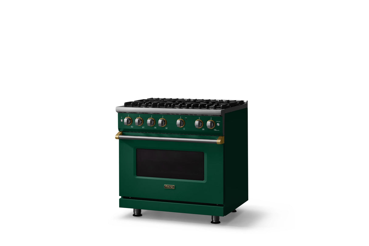 36"W. Sealed Burner Gas Range (Burner: 6b, Finish: Ivy, Trim: Brushed Brass, Fuel: Propane)