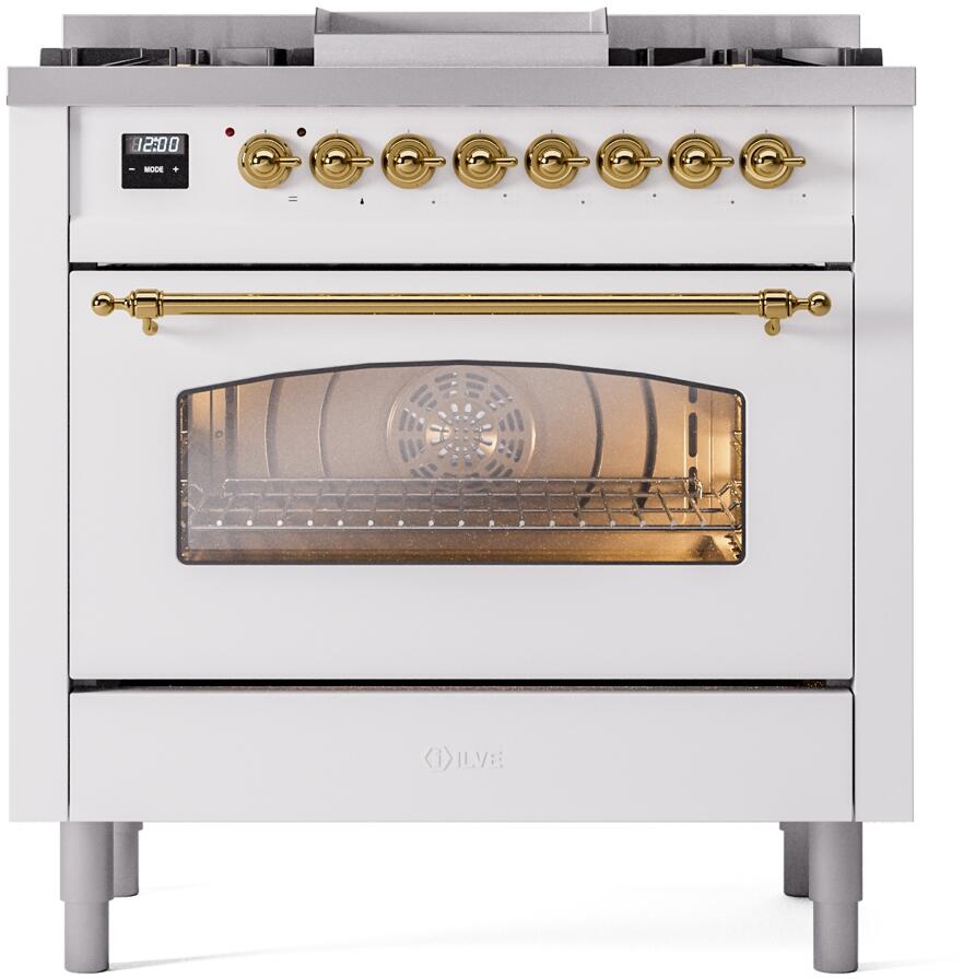Nostalgie II 36 Inch Dual Fuel Liquid Propane Freestanding Range in White with Brass Trim