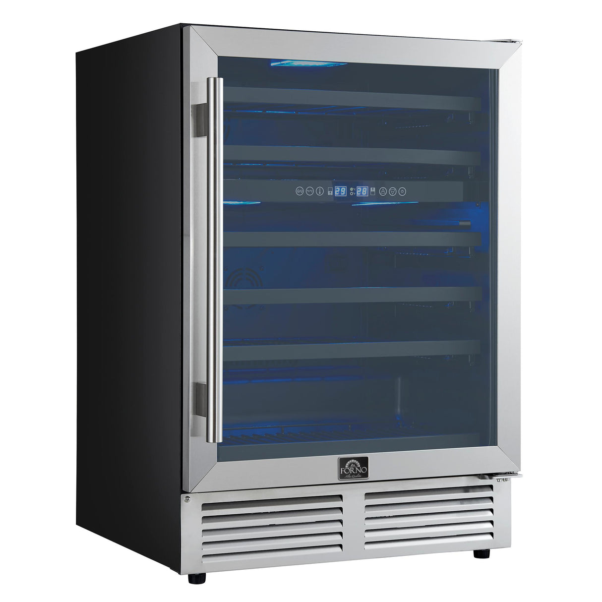 Forno Bacchino 24 Inch Wine Cooler, Stainless Steel, with LED Lighting, Triple Glass Door, 51 Bottle Capacity, Built-In or Freestanding