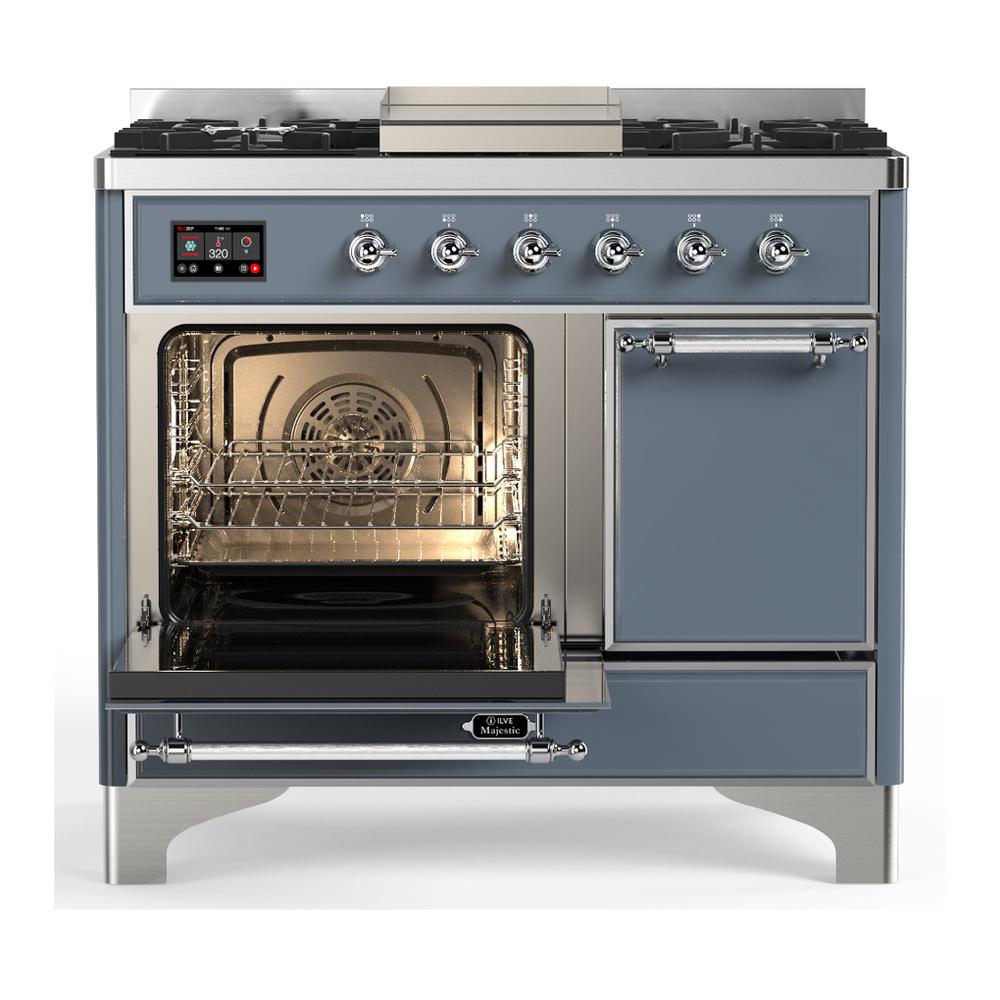 ILVE UMD40FQNR3BGC Majestic III 40 inch Dual Fuel Range with 6 Burners and Griddle, Dual Function Burner up to 25,000 BTU (Natural Gas, Solid Door, Blue Grey, Chrome)