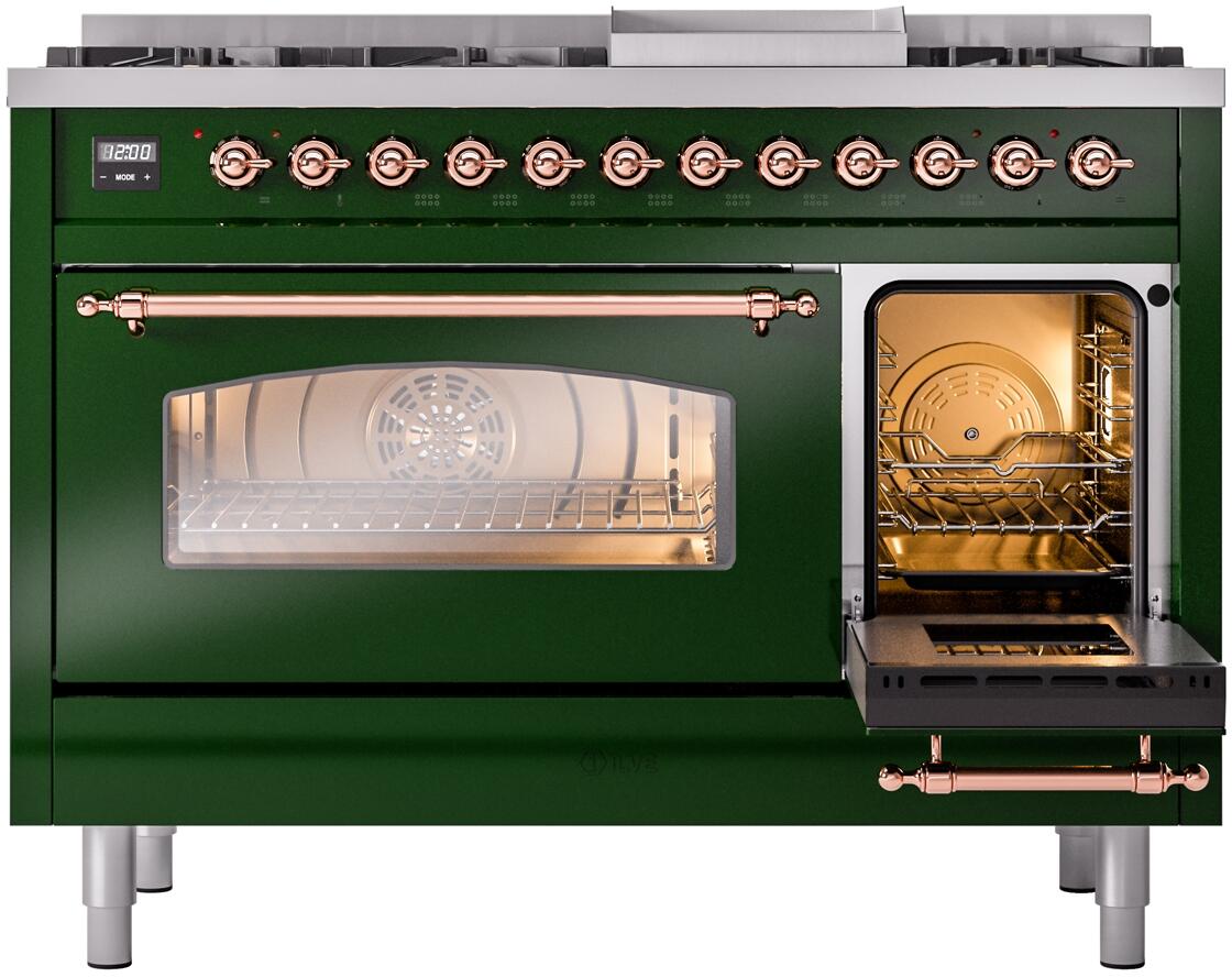 Nostalgie II 48 Inch Dual Fuel Liquid Propane Freestanding Range in Emerald Green with Copper Trim
