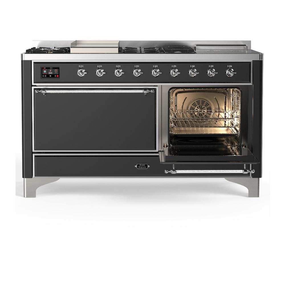 ILVE UM60FSQNR3MGCLP Majestic III 60 inch Dual Fuel Range with 7 Burners, Griddle and French Top, Dual Function Burner with up to 25,000 BTU (Liquid Propane, Solid Door, Graphite Matte, Chrome)